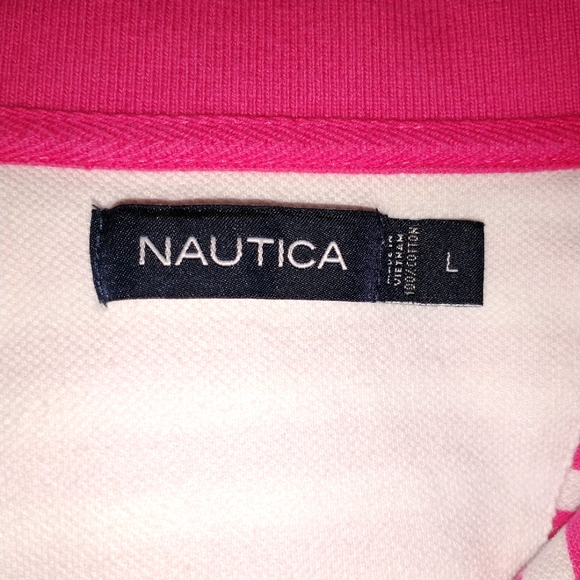 Nautica pink and white striped short sleeve polo style shirt. Size large - Picture 7 of 7